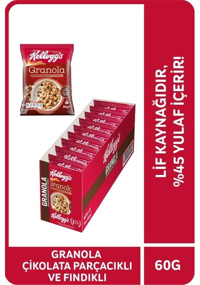 Kellogg's Çikolata Parçacıklı Fındıklı Granola 10 x 60 G