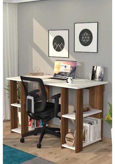 Moonlife Hipo Kitaplıklı Çalışma Masası Ceviz Beyaz  -  Ceviz