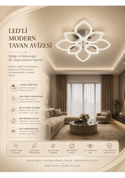 Çiçek 4+4'lü Ledli Krom Avize