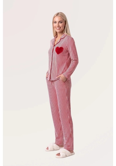 Angbutik Pjs 30144 Kadın Çizgili Uzun Kol Pijama Takımı Kırmızı