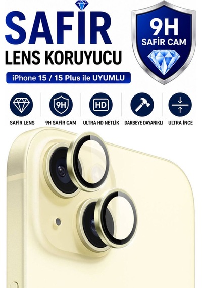 Apple iPhone Uyumlu  15 / 15 Plus Sarı Metal Kamera Lens Koruyucu Safir Cam Ultra Net Hd