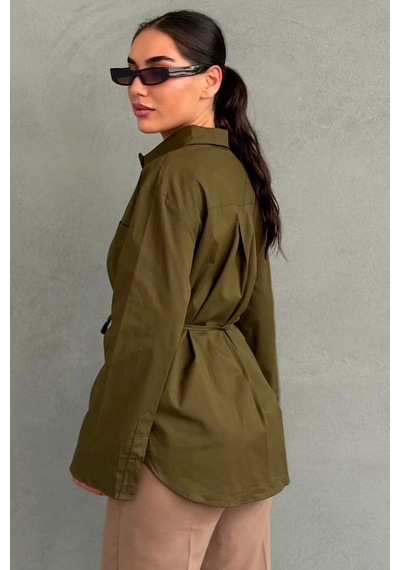 Madmext Haki Belden Bağlamalı Oversize Cepli Gömlek Mg2798