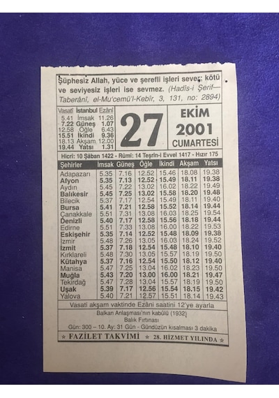 27 Ekim 2001 Takvim Yaprağı - Nostalji Koleksiyonluk Takvim Yaprağı