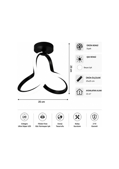 AvizeGO Cevina Led Plafonyer Avize Beyaz Işık Siyah