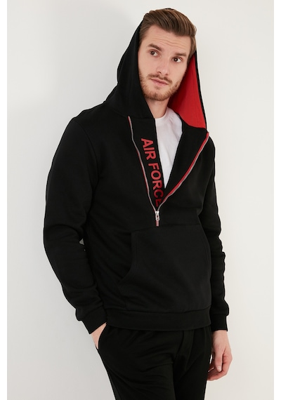 Buratti Kanguru Cepli Fermuarlı Kapüşon Yaka Slim Fit Erkek Sweat 575707 Siyah-Kırmızı