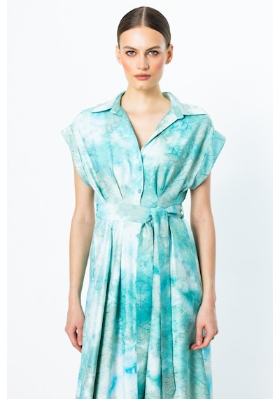 On Fashion Elbise Beli Dikişli Kuşaklı Gömlek Yaka Mint