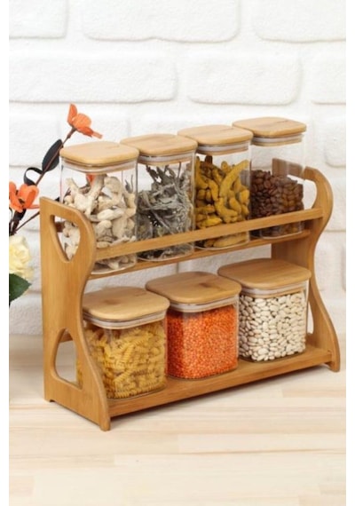 Arow Barok Bambu Standlı 7 Parça Cam Baharat Takımı DC1.TR-2418 Ahşap - Şeffaf