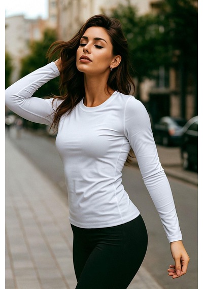 Kadın Beyaz Bisiklet Yaka Slim Fit Basic Tişört - Uzun Kollu Pamuklu T-shirt Bluz Çok Renkli