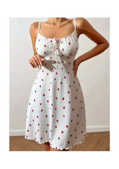 Eloria Fashion Çilek Baskılı Tangalı Gecelik Pijama Elbise,kadın Gecelik,kadın İç Giyim Beyaz