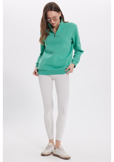 Tudors Kadın Relax Fit Rahat Kesim Pamuklu İçi Polarlı Yarım Fermuarlı Yeşil Dik Yaka Sweatshirt-41657