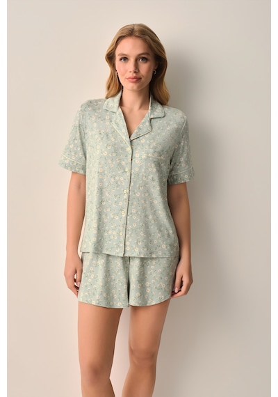 Suwen Ella Gömlek Yaka Şort Pijama Takımı Sh26630667b55 Yeşil
