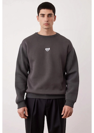 Benerly Erkek Bisiklet Yaka Düşük Kol Nakışlı Oversize Sweatshirt Pamuk Antrasit