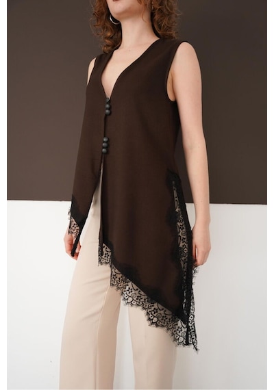 Verymoda Sıfır Kol Etek Ucu Dantel V Yaka Bluz D2993 Kahve
