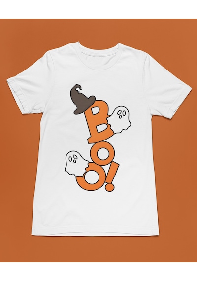 Bumeta Cadılar Bayramına Özel Boo Halloween Unisex Tişört T-shirt Beyaz