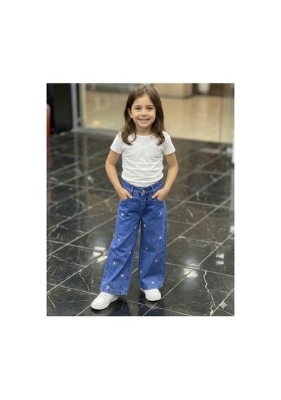 Erdem Kıds Kız Çocuk Jean Pantolon Palazzo Geniş Bol Paça Yıldız Nakışlı Kot Pantolon Mavi Mavi Erdem Kıds Kız Çocuk Jean Pantolon Palazzo Geniş Bol Paça Yıldız Nakışlı Kot Pantolon Mavi Mavi