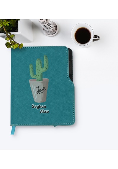 Kişiye Özel Kaktüs Tasarımlı Turkuaz Termo Deri Defter-5