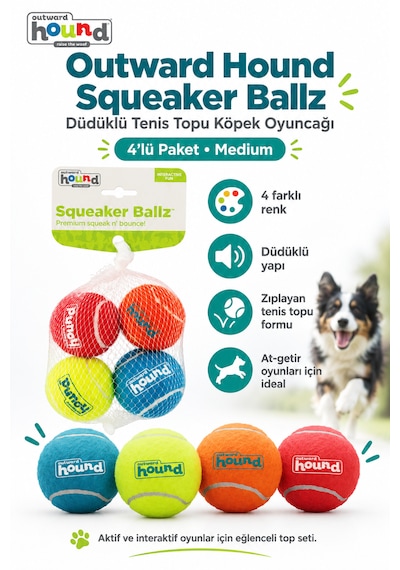 Outward Hound Squeaker Ballz Düdüklü Tenis Topu Köpek Oyuncağı 4'lü Medium