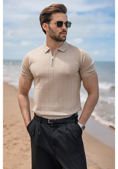 Madmext Taş Rengi Regular Fit Polo Yaka Triko Erkek Tişört E7503
