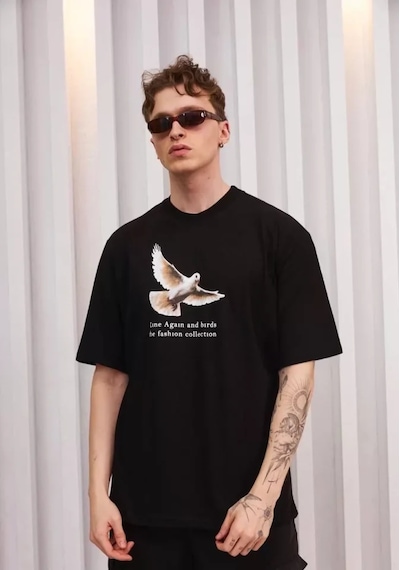 Modi Green Baskılı Unisex Günlük Stil Beyaz Geometrik Soyutlama Tişört Siyah