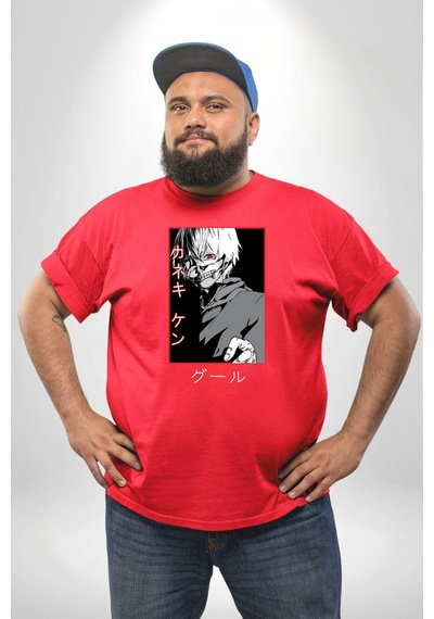 Angemiel Kaneki Ken Kuma Japon Anime Şeytan Kırmızı Büyük Beden Erkek Kadın Unisex Basic Ön Baskılı Tişört Kırmızı