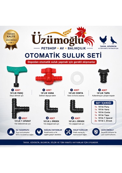16 Lık Otomatik Suluk Seti Tavuk, Güvercin, Bıldırcın Ve Tüm Kanatlı Hayvanlar İçin Depodan Otomatik Suluk Kurulum Seti Panç, Vana, Conta, Tapa, T Aparat, L Dirsek