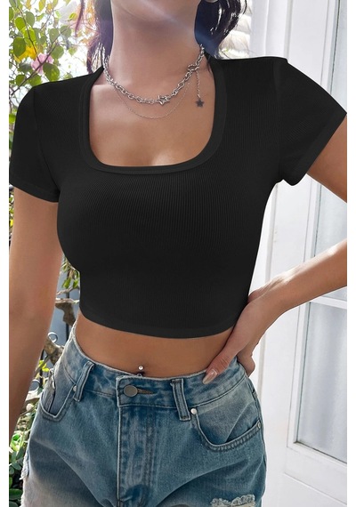 Angbutik Kadın Siyah Yarım Kol Düz Yaka Crop Top Bluz