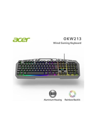 Acer Okw213 Siyah Rgb Rainbow Backlit Gaming Keyboard Rainbow Kablo Uzunluğu 1,5mt