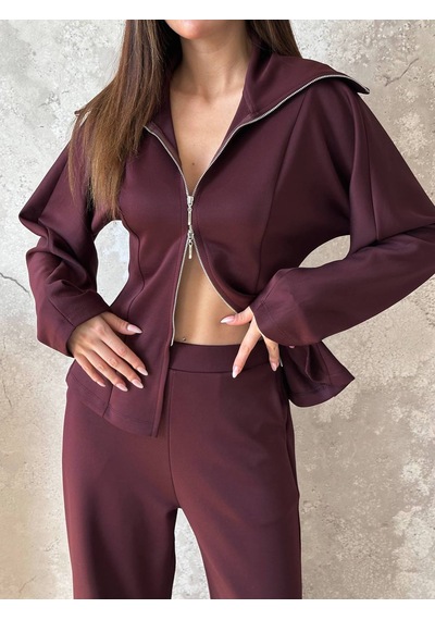 Hopıan Kadın Bordo Fermuarlı Yarasa Kol Crop Sweatshirt