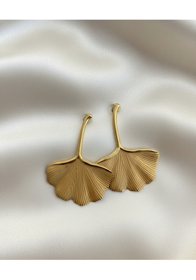 Şehrazat Handmade Gold Çelik Yaprak Gingko Küpe Gümüş