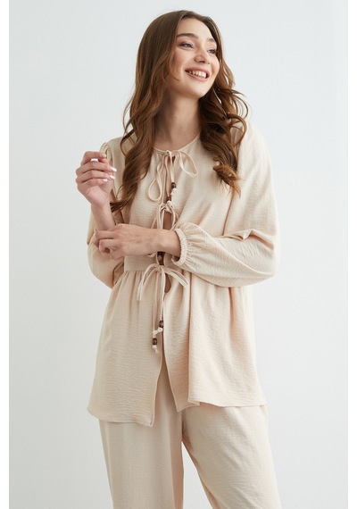 Fullamoda Fullamodest Önü Bağlamalı Ayrobin Kimono 2 Li Takım Bej