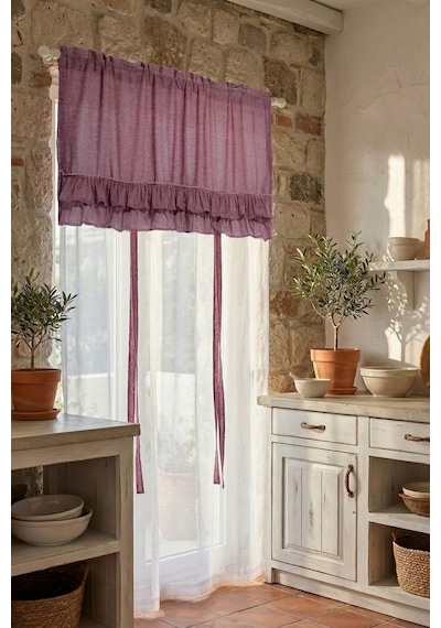 Country Style Potlu Perde Çift Fırfırlı Bordo