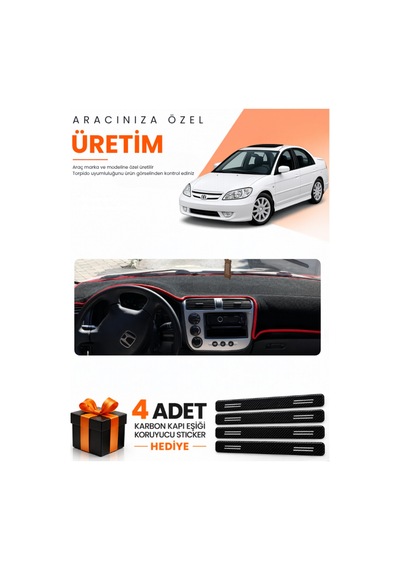 Honda Civic Vtec2 2002-2005 Uyumlu Torpido Koruma Örtüsü Oto Kılıfı - Siyah Kırmızı