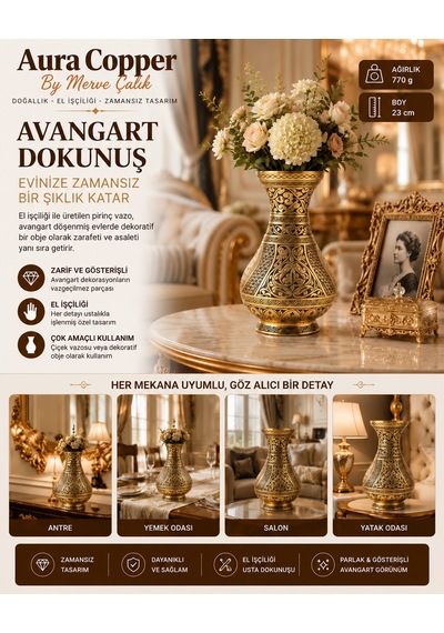 Aura Copper Dekoratif Bakır Vazo 23 Cm Ağır El İşlemeli El Yapımı Obje Çiçeklik Vz-00001