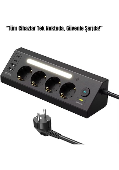 Led Işıklı 4 Lü Priz 2 Usb 2 Type-c Girişli Akım Korumalı Anahtarlı Masaüstü Priz 1 - 3 M