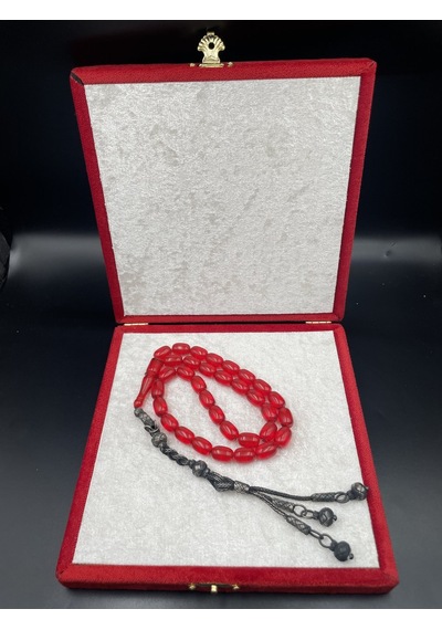 1000 Ayar Trabzon Kazaz Püsküllü Ateş Kehribar Tespih 8x12 Mm Gümüş