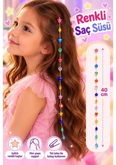 Renkli Yıldız- Kız Çocuk Saç Süsü 40 Cm. Pratik Tel Toka İle Kullanım