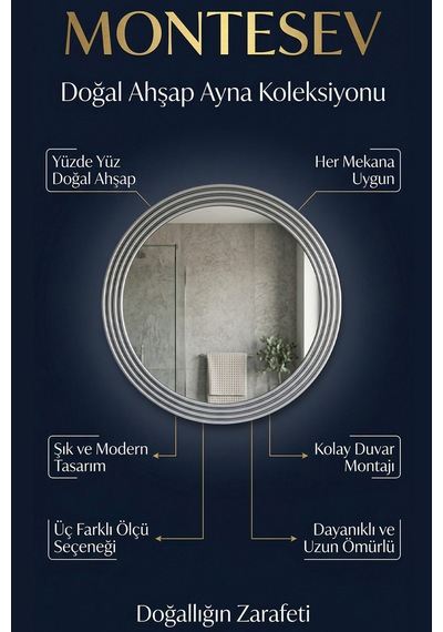 Zümrüt Ahşap Gümüş Yuvarlak Ayna Işlemeli Duvar Banyo Aynası 56cm Gümüş