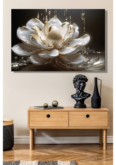 Yatay Tekli Kanvas Duvar Tablosu Salon Mutfak Yatak Odası Ofis Altın Damlalı Beyaz Çiçek Lotus 3d