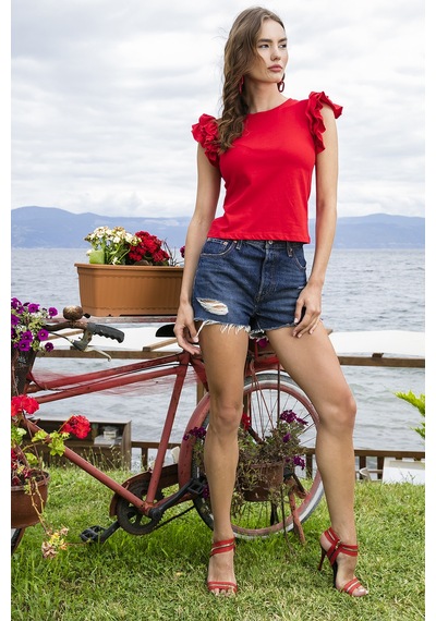 Lela Pamuklu Kolları Fırfırlı Slim Fit Bisiklet Yaka Bayan T Shirt 5864500 Kırmızı Lela Pamuklu Kolları Fırfırlı Slim Fit Bisiklet Yaka Bayan T Shirt 5864500 Kırmızı