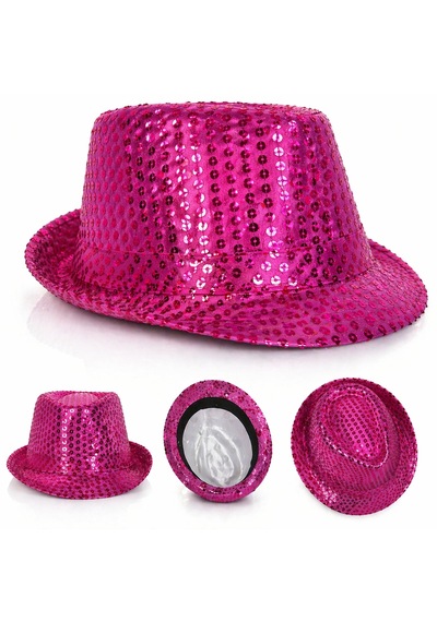 Fuşya - 433 - Pembe Payetli Disco Parti Şapkası Yetişkin Işıltılı - Edntrend - Fötr Model