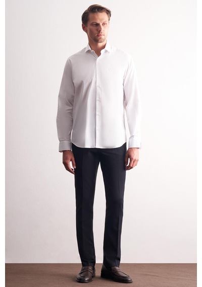 İmza Beyaz Yarım İtalyan Yaka Uzun Kol Premium Slim Fit Pamuklu Gömlek 1004255198 Beyaz