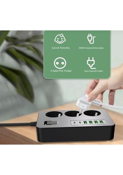 Çoklu Priz 3 Ac Soket + 5 Usb 2 Usb-c, 3 Usb-a - 2 Metre Kablo, Çocuk Korumalı, 3000w Güç, Isıya Dayanıklı, Anahtarlı Uzatma Kablosu