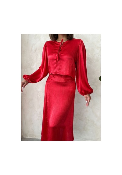 Verymoda Kraşlı Saten Önden Bağlamalı Bluz F1916 Kırmızı