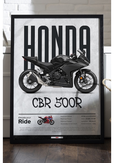 Honda Cbr 500r Siyah Ahşap Çerçeveli Poster, Dekoratif Motosiklet Duvar Tablosu