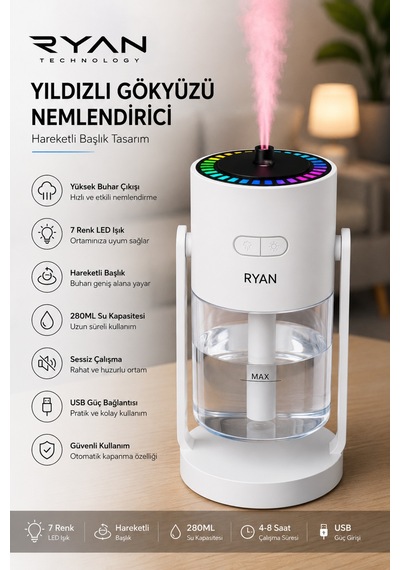 Yıldız Projeksiyonlu Nemlendirici 7 Renk Led Işıklı Usb Hava Nemlendirici Rt-hm28