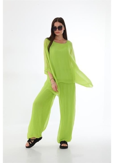Bohem Stil İtalyan Yarasa Kollu İpek Bluz Fıstık Yeşili