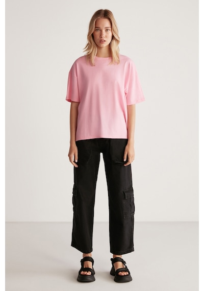 Grımelange Jemmy Kadın %100 Organik Pamuk Relaxed Fit Yırtmaçlı Yuvarlak Yakalı Açık Pembe T-shirt