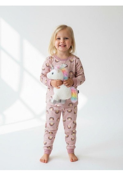 Kız Çocuk Pamuklu Gökkuşağı Desenli Pijama Takımı-16274 Renkli
