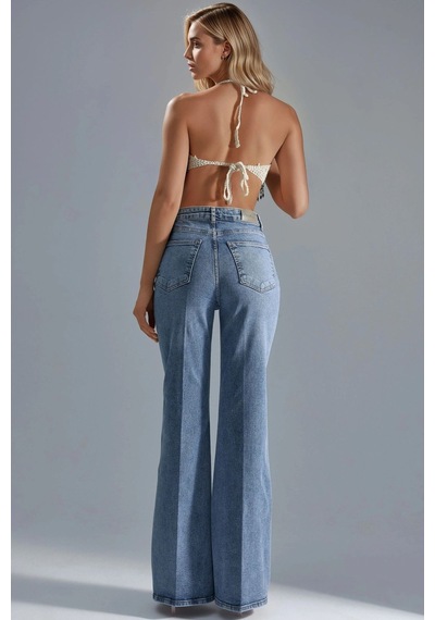 Hiccup Squalo Yüksek Bel Paça Genişleyen Kot Pantolon Orta Mavi Denim