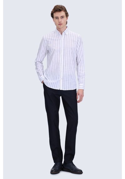 Hatemoğlu Lacivert Comfort Fit Çizgili Düğmeli Yaka 100% Pamuk Uzun Kollu Casual Gömlek